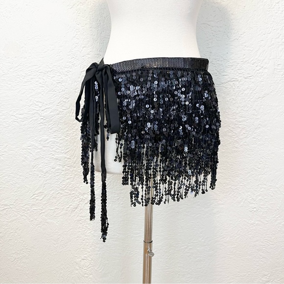 Black Waist Wrap Skirt Sequin Fringe Whimsigoth Goth Boho Western Halloween OS - Picture 1 of 11